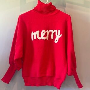 Cozy Red Turtleneck Sweater with 'Merry' Design
